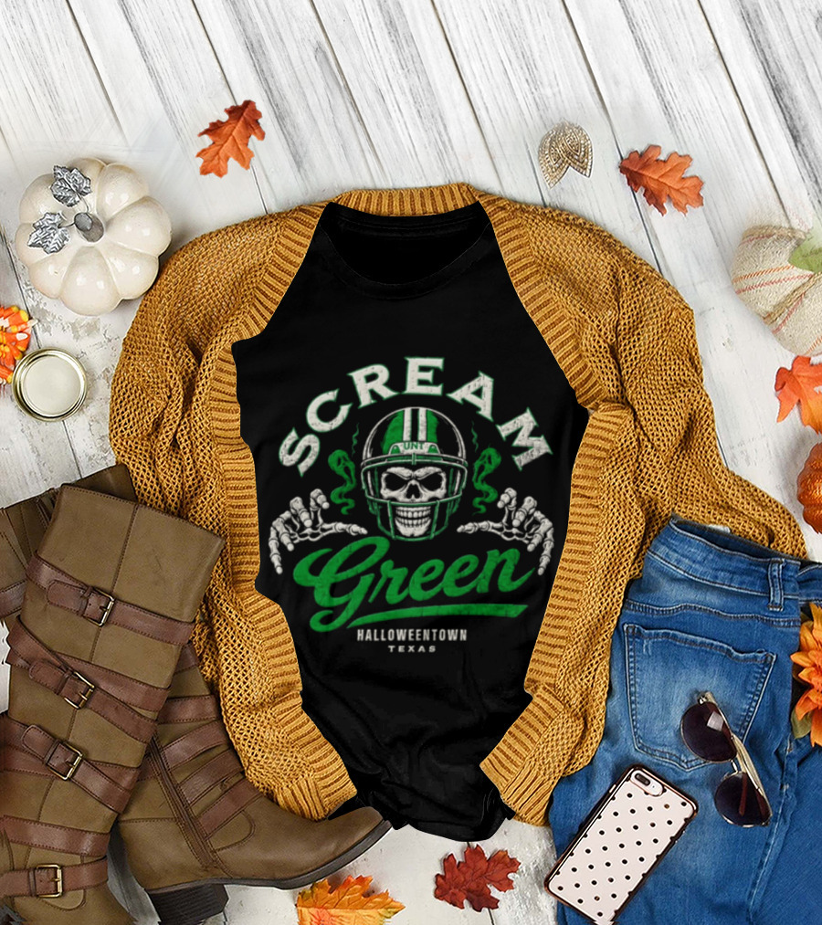 UNT Scream Green Halloweentown Texas Skull Football Helmet T-Shirt