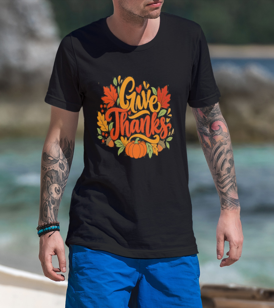 Give Thanks Thanksgiving Fall Leaves Pumpkin 2026 T-Shirt