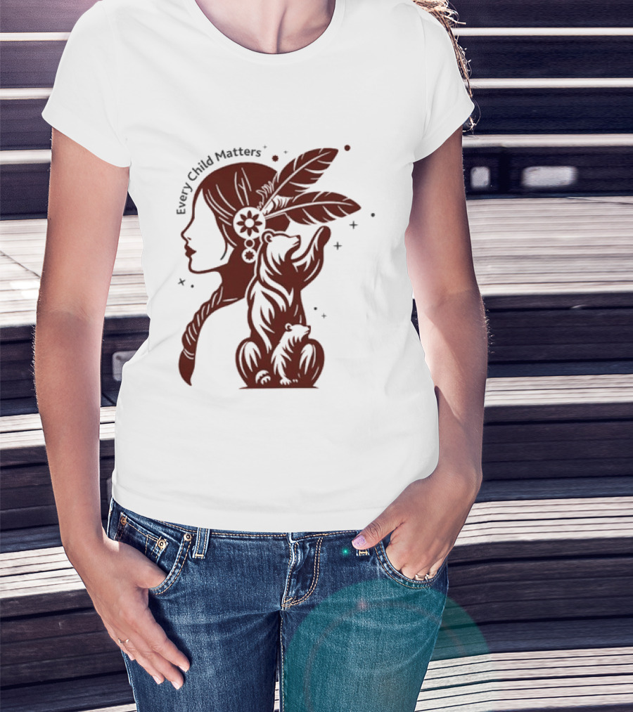 Every Child Matters Indigenous Woman Profile With Bear And Feathers T-Shirt
