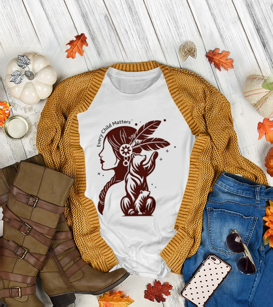 Every Child Matters Indigenous Woman Profile With Bear And Feathers T-Shirt