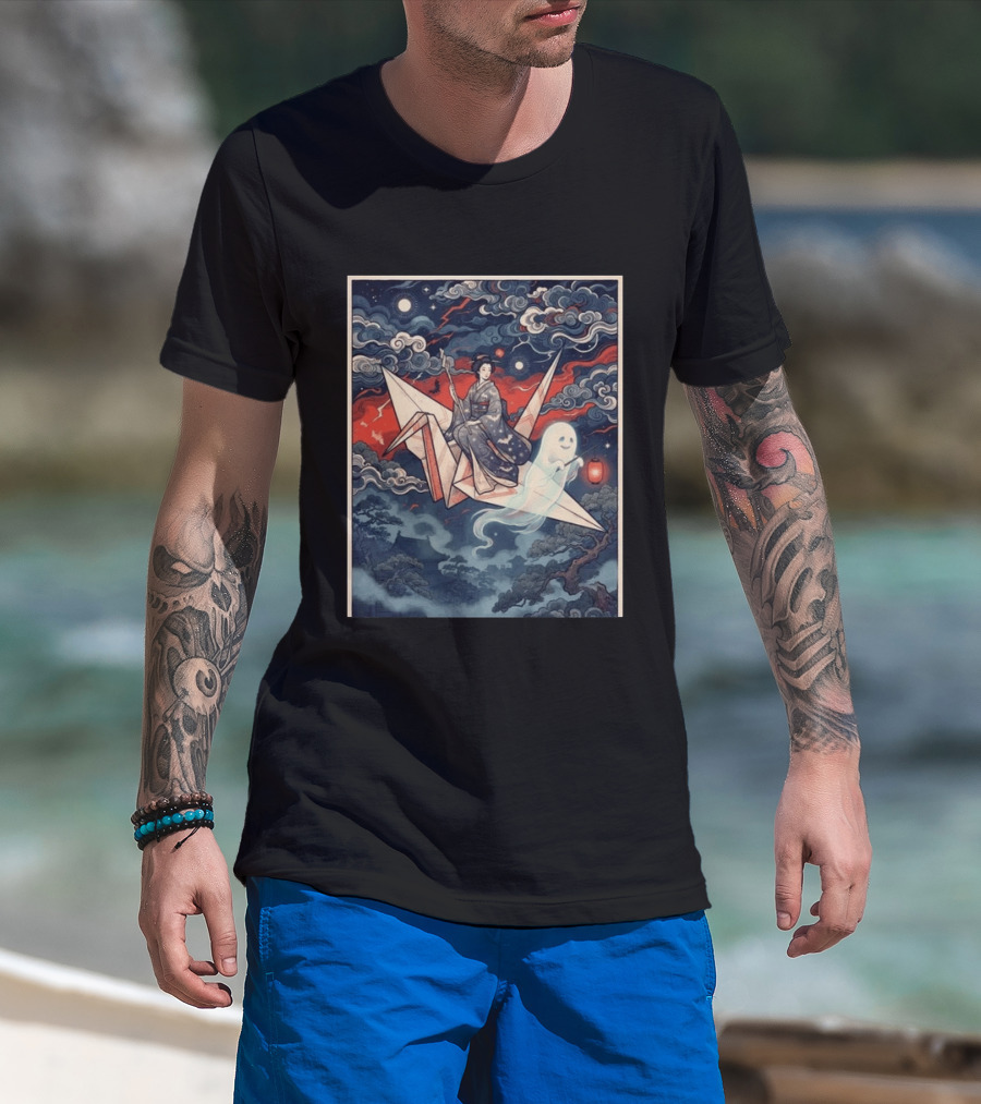 Witch And Ghost Halloween 2026 Japanese Origami Lantern Night Sky T-Shirt