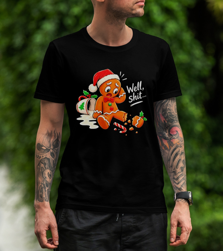 Well Shit Gingerbread Man Christmas Broken Cookie Candy Cane Hat T-Shirt