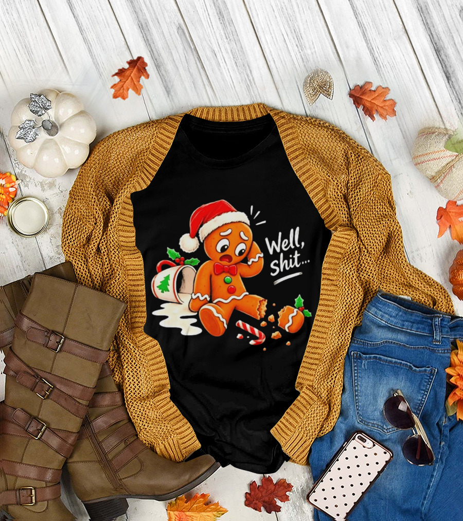 Well Shit Gingerbread Man Christmas Broken Cookie Candy Cane Hat T-Shirt