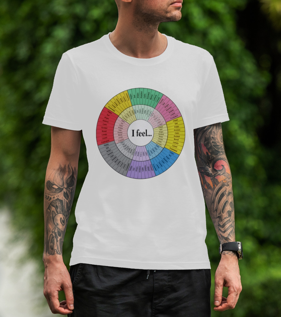 I Feel Emotion Wheel Chart Mental Health Happy Sad Angry Calm Anxious Excited Bored Loved Lonely Frustrated T-Shirt
