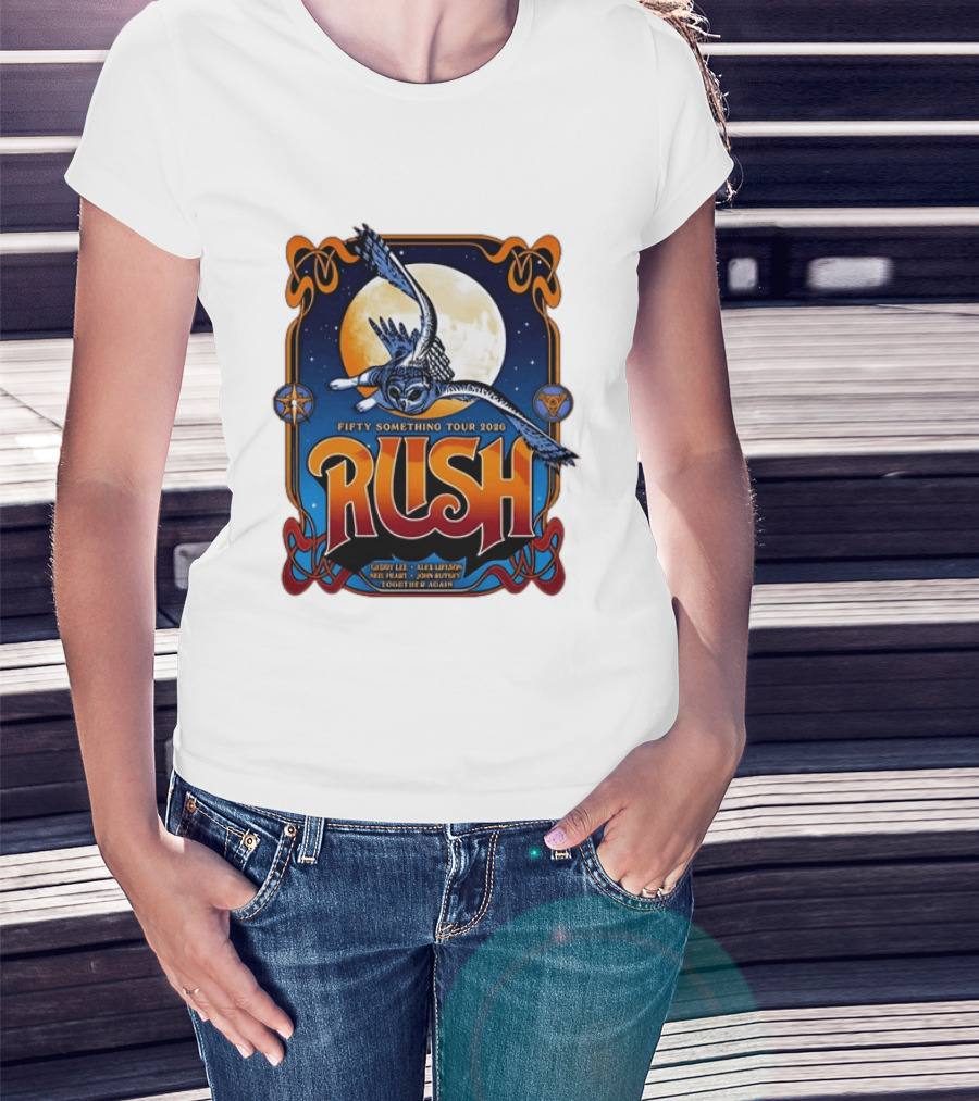 Rush Fifty Something Tour 2026 Geddy Lee Alex Lifeson Neil Peart John Rutsey Together Again Owl Moon T-Shirt