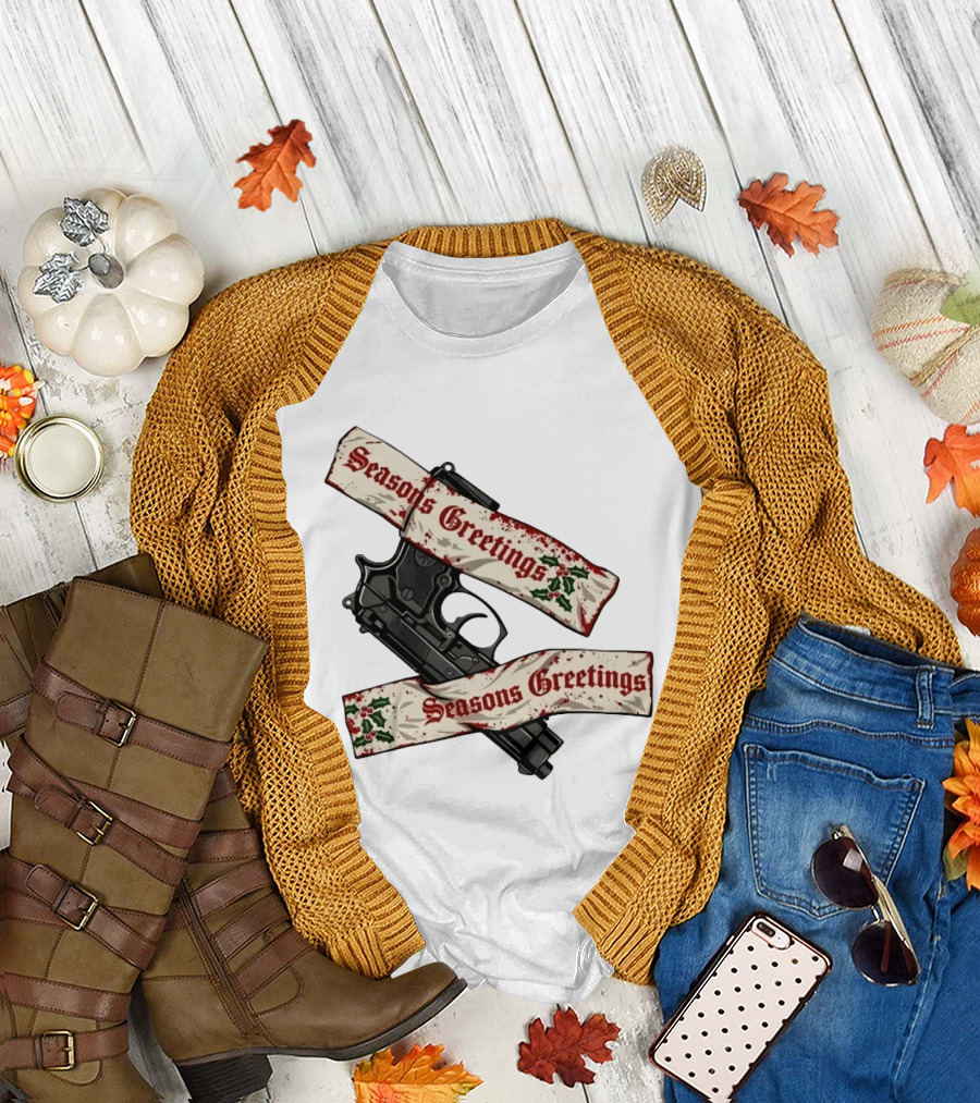 Seasons Greetings Handgun Holiday Pistol Merry Christmas T-Shirt
