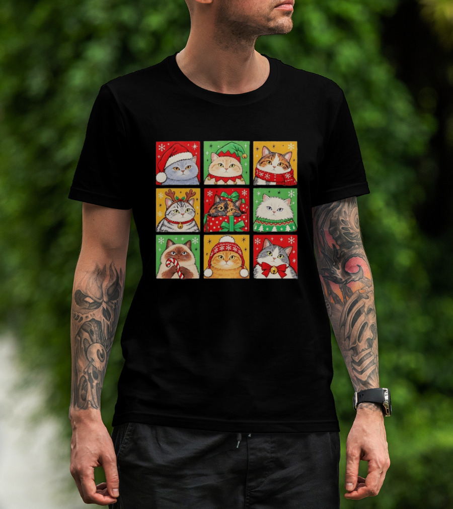 Cats In Christmas Costumes Festive Holiday Kittens Santa Hats And Gifts T-Shirt