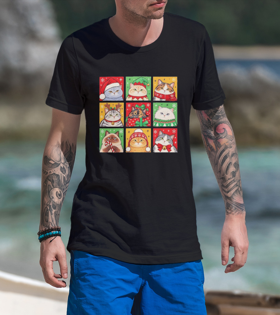 Cats In Christmas Costumes Festive Holiday Kittens Santa Hats And Gifts T-Shirt