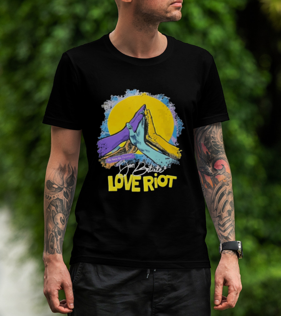 Jon Batiste He Gets Us Presents Love Riot Three Hands High Five Yellow Sun T-Shirt