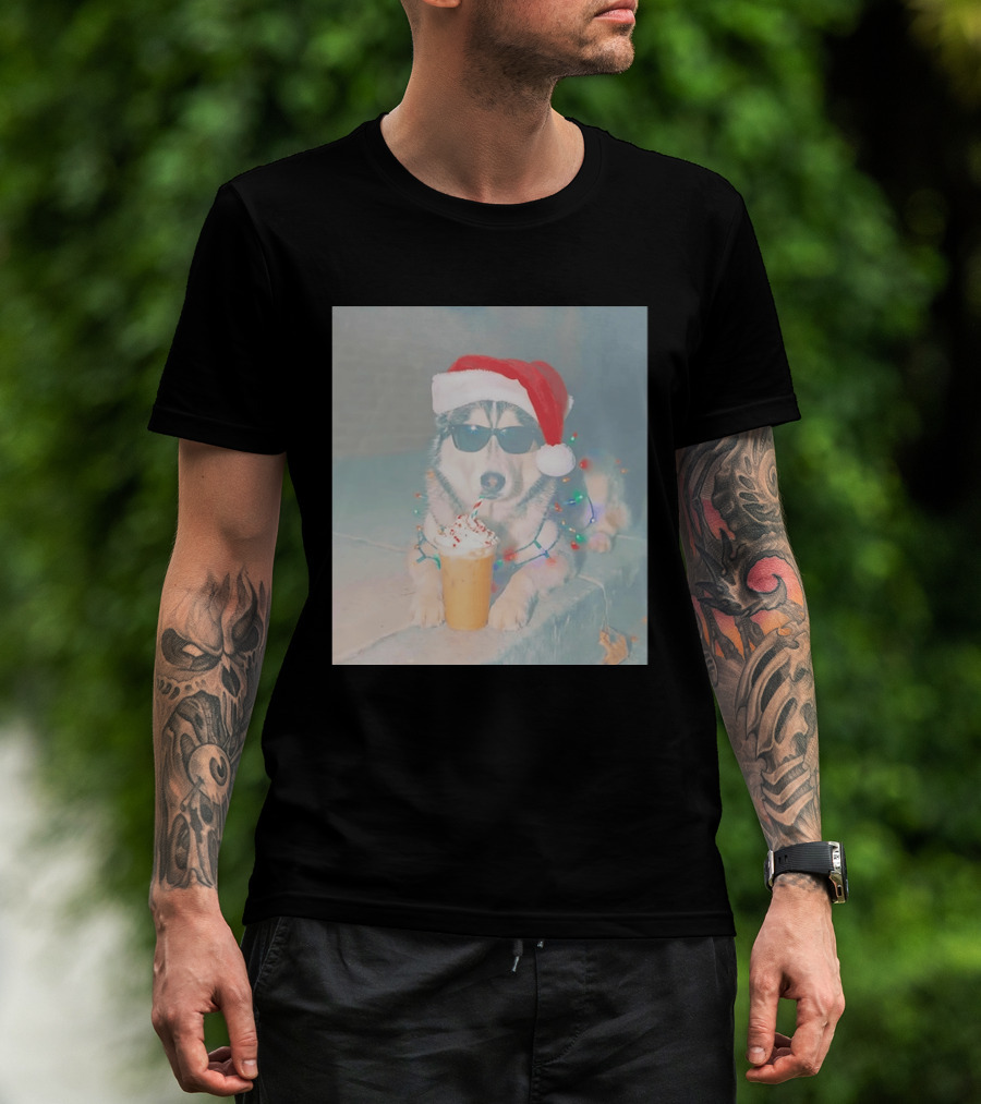 Husky Dog Santa Hat Sunglasses Christmas Lights And Holiday Drink T-Shirt