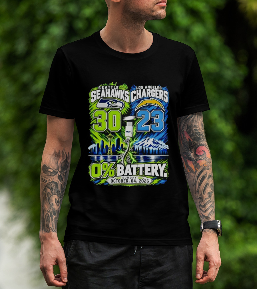 Seattle Seahawks Vs Los Angeles Chargers 30 23 Game 0% Battery October 4 2026 T-Shirt