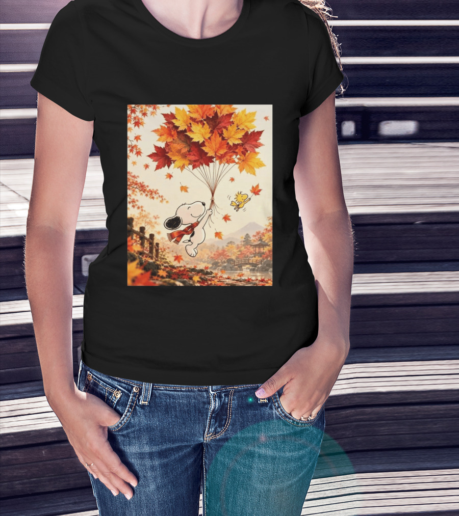 Snoopy And Woodstock Autumn Leaves Floating Scene With Tree And Bridge T-Shirt