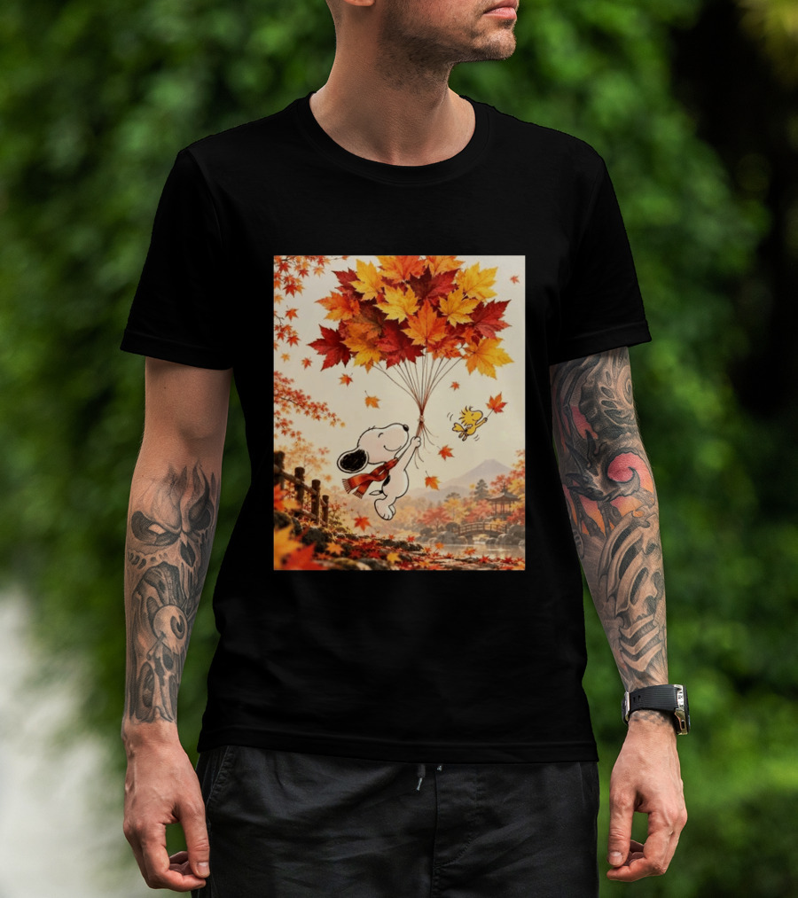 Snoopy And Woodstock Autumn Leaves Floating Scene With Tree And Bridge T-Shirt