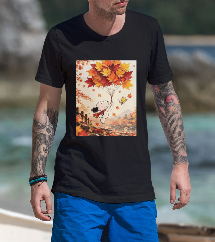Snoopy And Woodstock Autumn Leaves Floating Scene With Tree And Bridge T-Shirt
