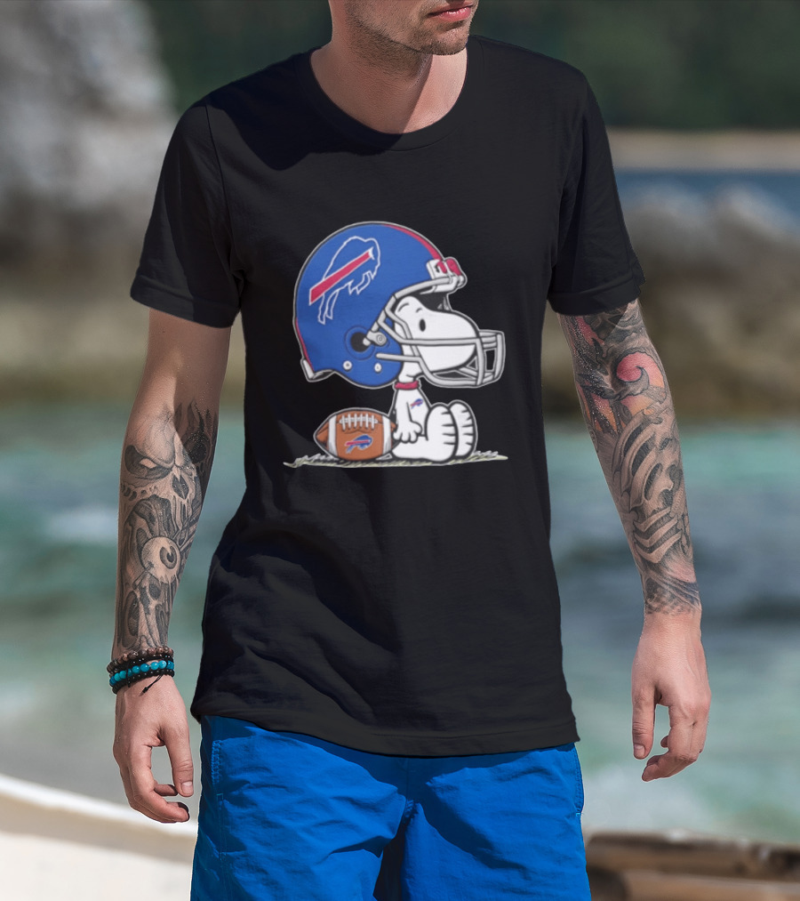 Snoopy Buffalo Bills Football Helmet Sitting With Football T-Shirt
