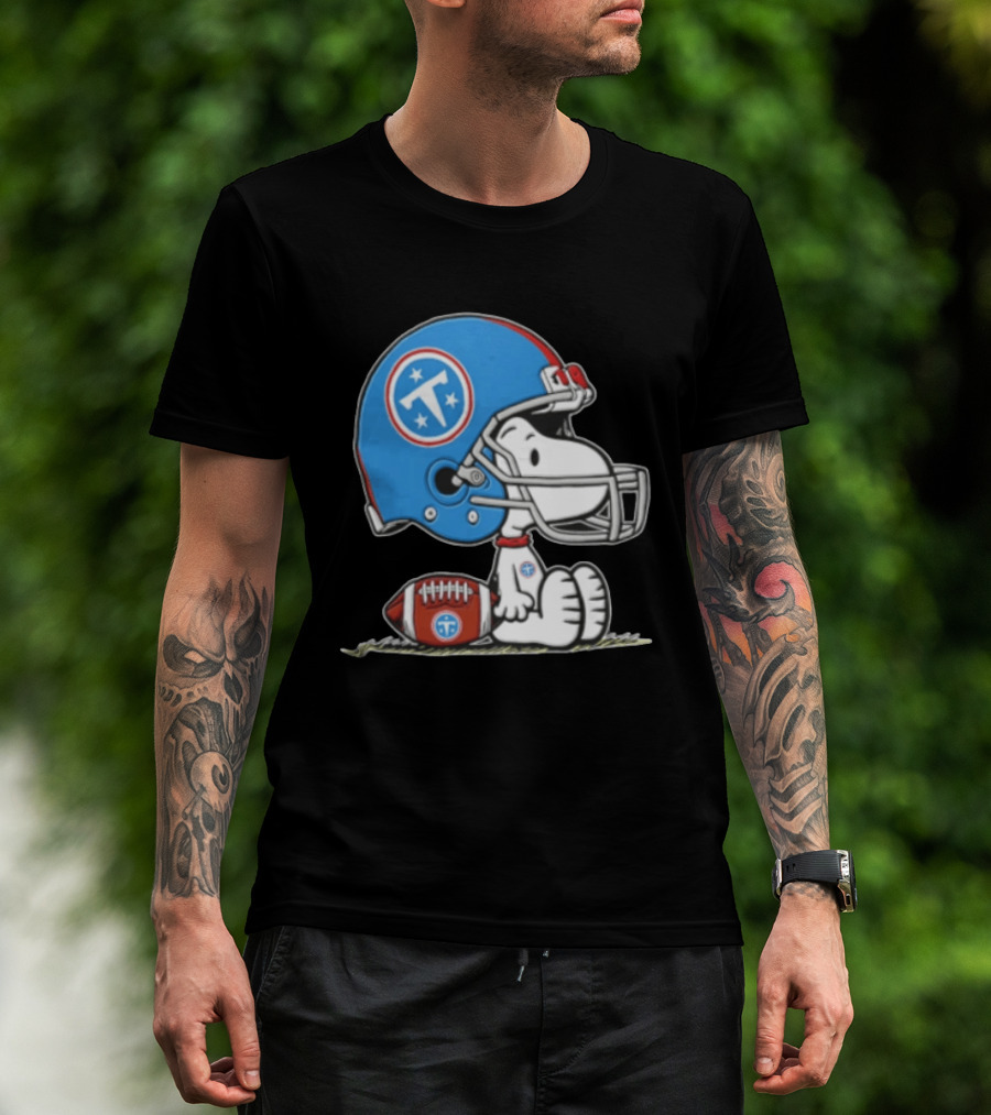 Snoopy Wearing Tennessee Titans Football Helmet Sitting With Football T-Shirt