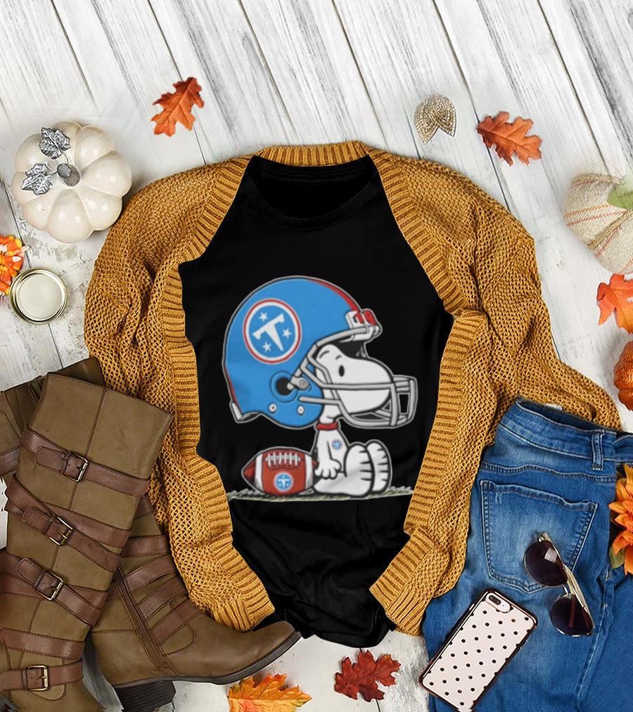 Snoopy Wearing Tennessee Titans Football Helmet Sitting With Football T-Shirt