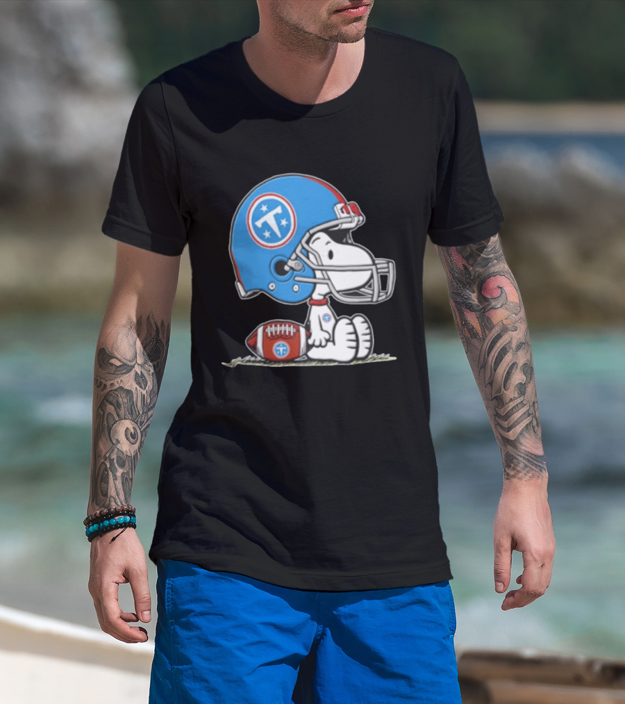 Snoopy Wearing Tennessee Titans Football Helmet Sitting With Football T-Shirt