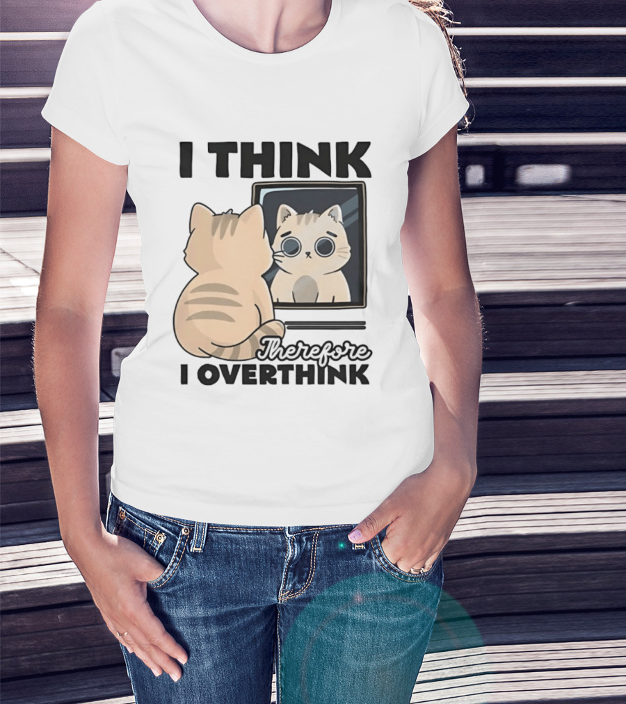 Cat I Think Therefore I Overthink Mirror Reflection T-Shirt