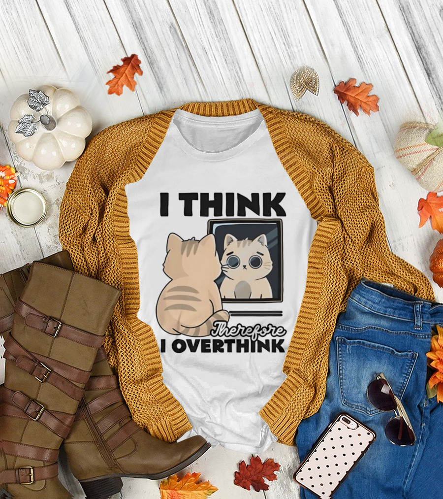 Cat I Think Therefore I Overthink Mirror Reflection T-Shirt