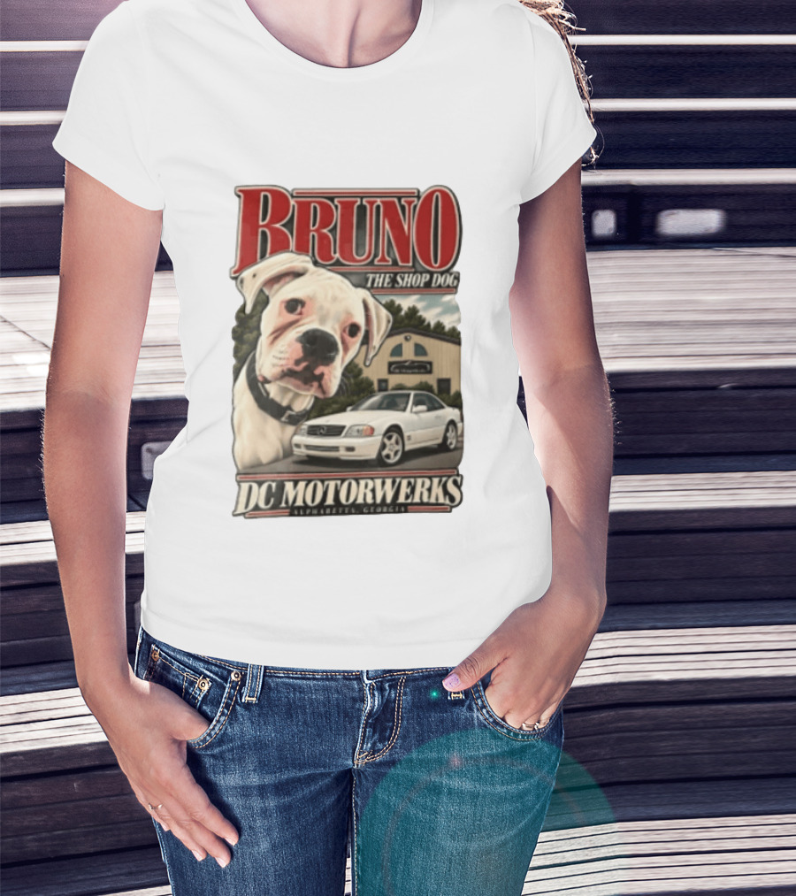 BRUNO THE SHOP DOG DC Motorwerks Alpharetta Georgia Boxer Dog White Car Building T-Shirt