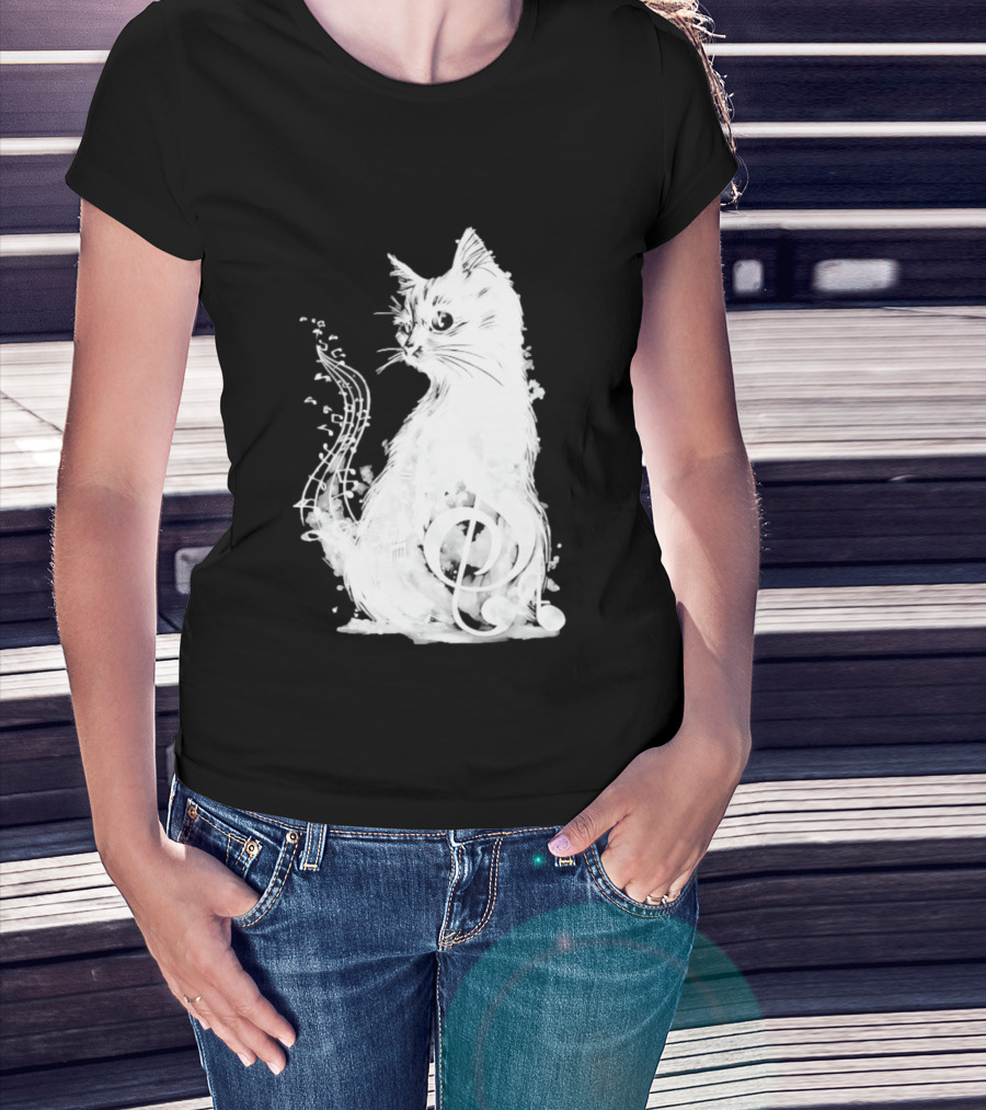 Musical Cat With Treble Clef And Notes T-Shirt