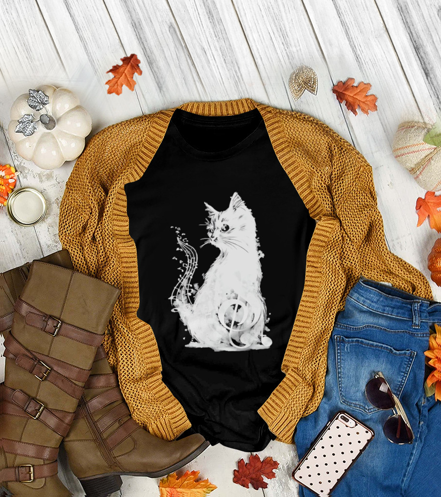 Musical Cat With Treble Clef And Notes T-Shirt