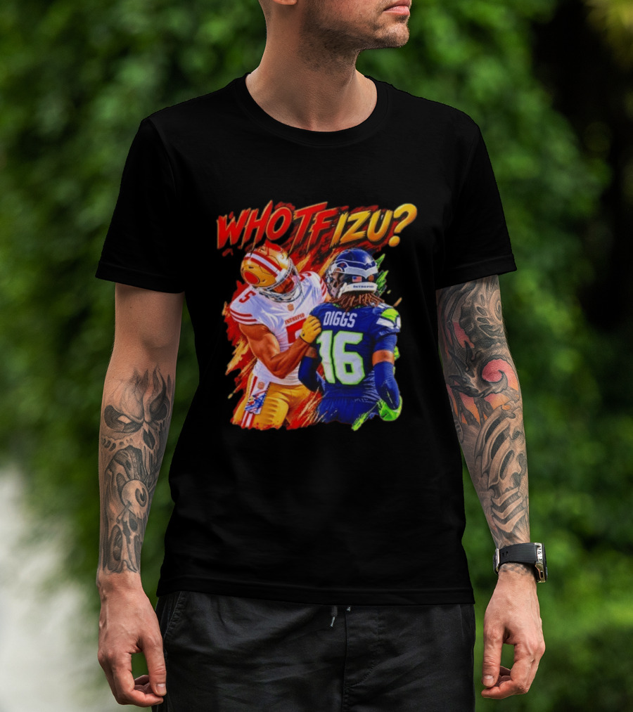 Who TF Izu Diggs 16 Intrepid Football Bootleg NFL Rivalry Red Blue 49ers Seahawks T-Shirt