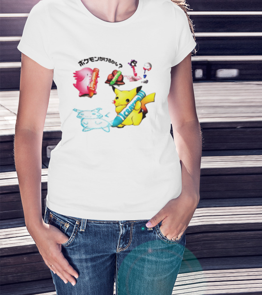 Pikachu Crayon Drawing Pokémon Characters Cartoon Art Japan T-Shirt