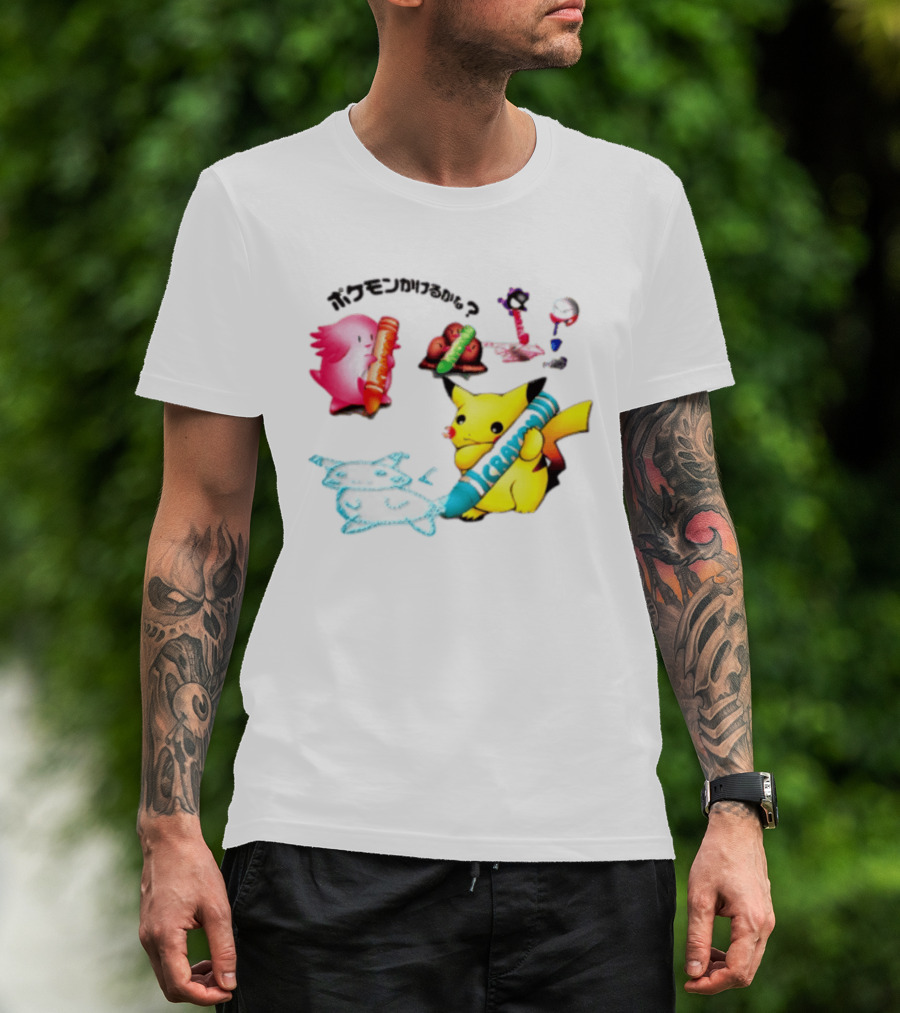 Pikachu Crayon Drawing Pokémon Characters Cartoon Art Japan T-Shirt