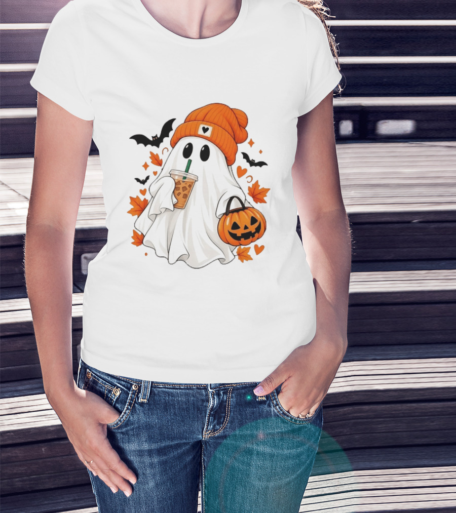 Ghost In Orange Beanie Holding Iced Coffee With Pumpkin Basket And Bat T-Shirt