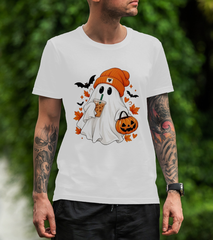 Ghost In Orange Beanie Holding Iced Coffee With Pumpkin Basket And Bat T-Shirt