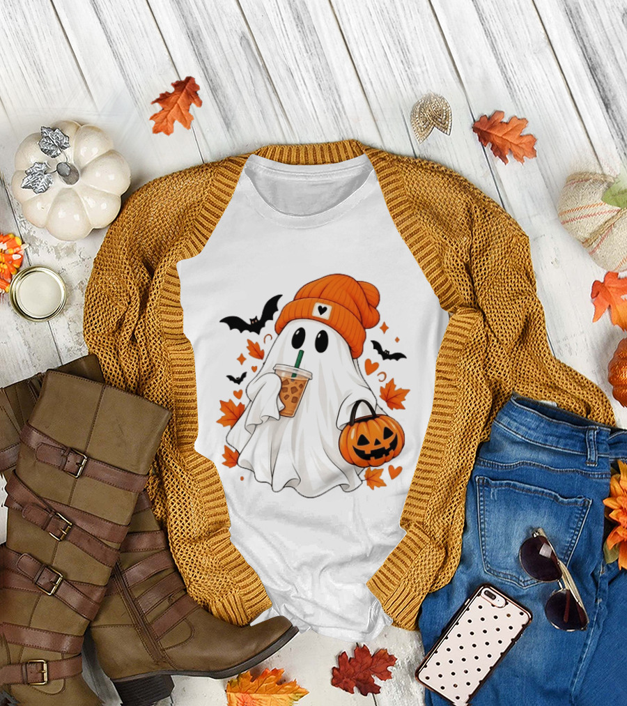 Ghost In Orange Beanie Holding Iced Coffee With Pumpkin Basket And Bat T-Shirt