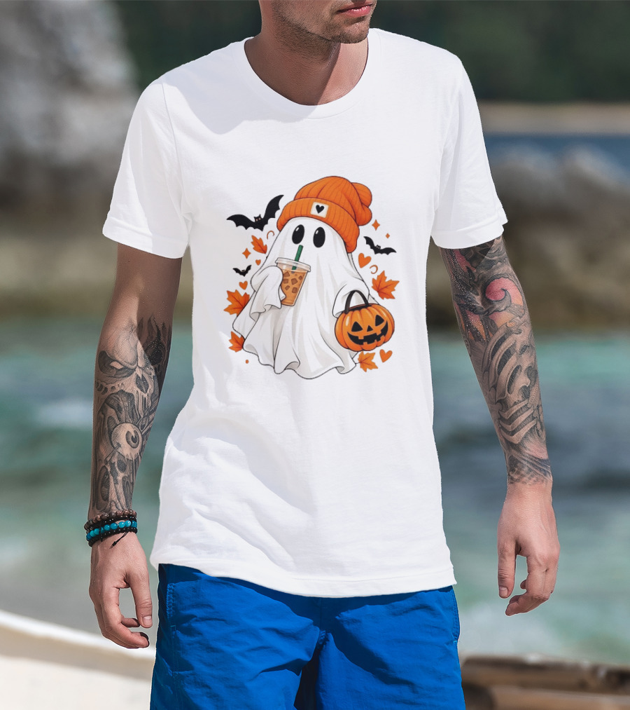 Ghost In Orange Beanie Holding Iced Coffee With Pumpkin Basket And Bat T-Shirt