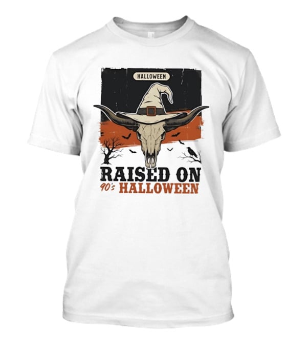 Raised On 90s Halloween Bull Skull With Witch Hat And Spooky Bats T-Shirt