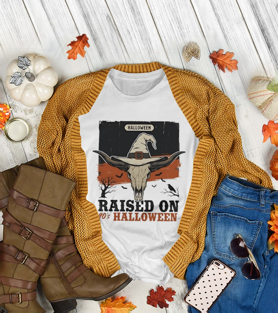 Raised On 90s Halloween Bull Skull With Witch Hat And Spooky Bats T-Shirt