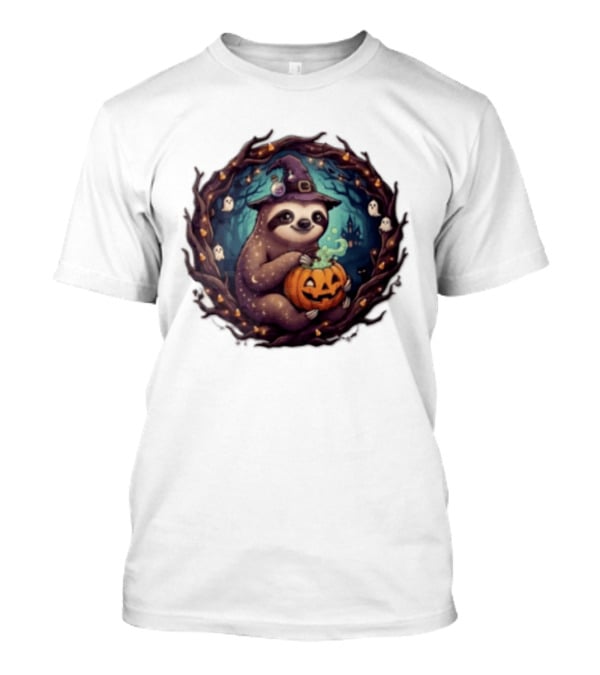 Halloween Sloth Witch Hat Pumpkin Cauldron Spooky Ghosts Forest Scene T-Shirt
