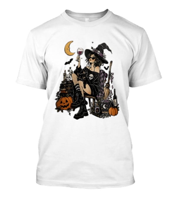 Halloween Witch Hat Sunglasses Wine Glass Black Cat Pumpkin Moon Skull Books T-Shirt
