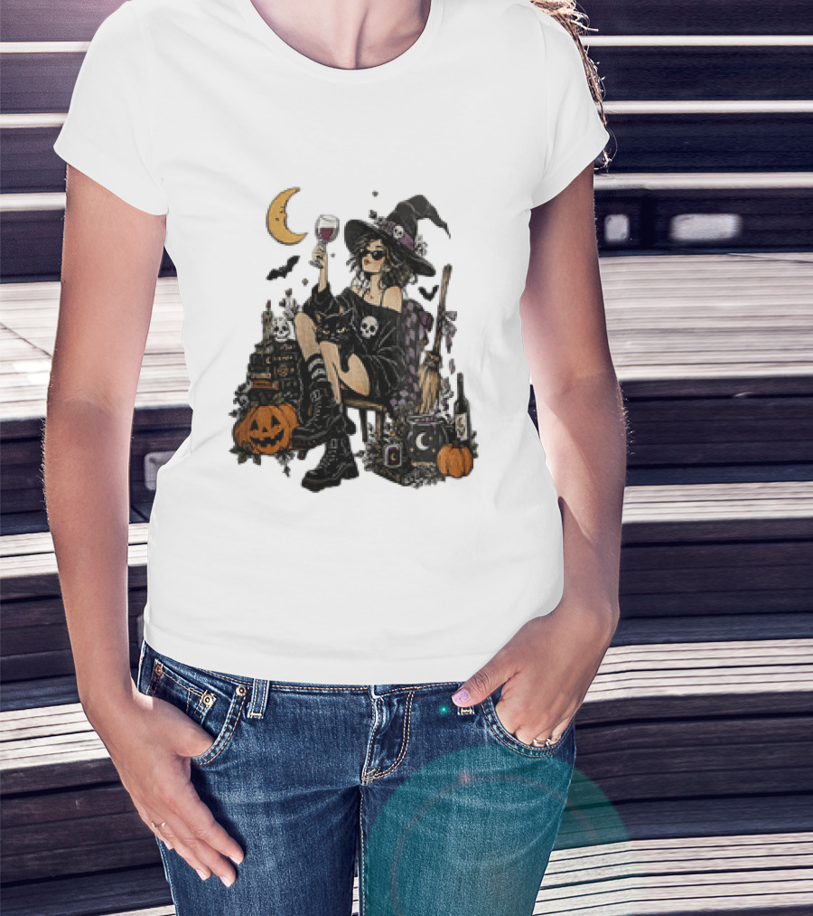 Halloween Witch Hat Sunglasses Wine Glass Black Cat Pumpkin Moon Skull Books T-Shirt