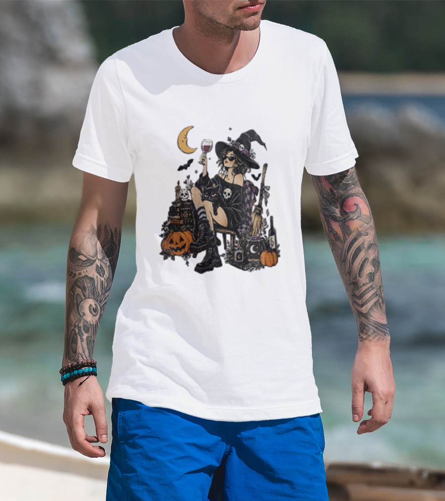 Halloween Witch Hat Sunglasses Wine Glass Black Cat Pumpkin Moon Skull Books T-Shirt