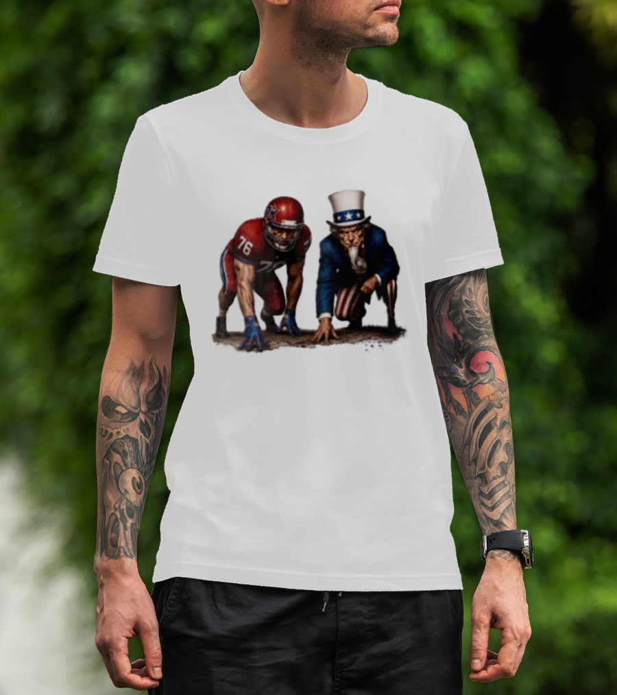 Uncle Sam And American Football Player Number 76 Crouching On Field T-Shirt