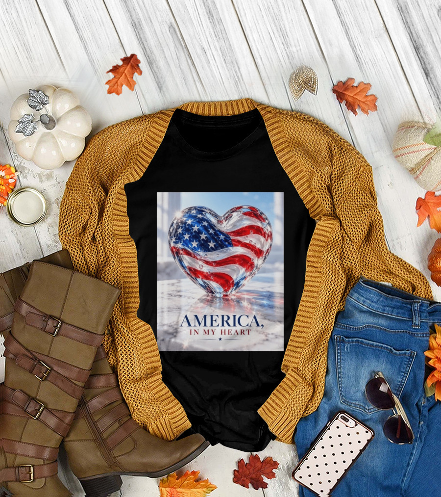 America In My Heart Flag Heart Glass T-Shirt