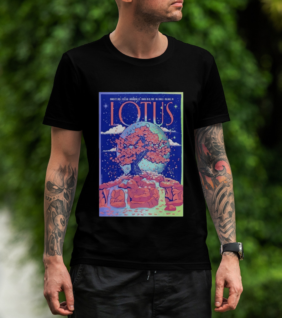 Lotus 2026 Tour By Benjamin Rumble March Tour Dates Illustration Cherry Blossom Moon T-Shirt