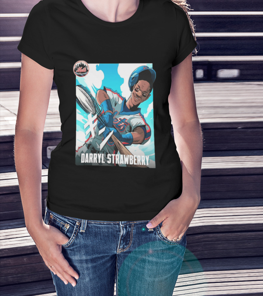 Darryl Strawberry New York Mets MLB Baseball Player Swinging Bat Cartoon T-Shirt