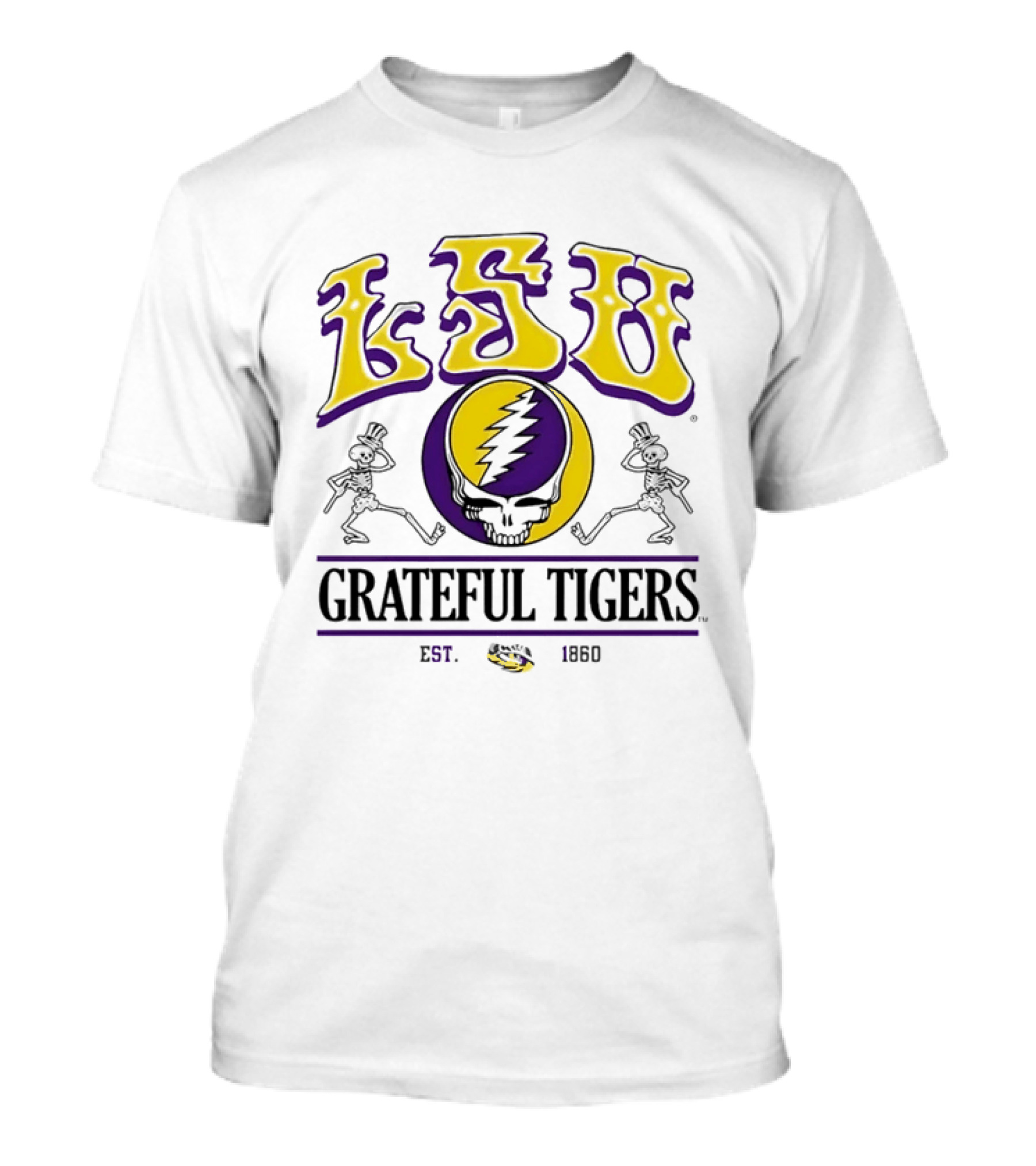 LSU Grateful Tigers Est 1860 Steal Your Face Lightning Skull Skeletons T-Shirt