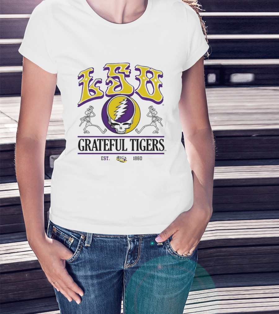LSU Grateful Tigers Est 1860 Steal Your Face Lightning Skull Skeletons T-Shirt