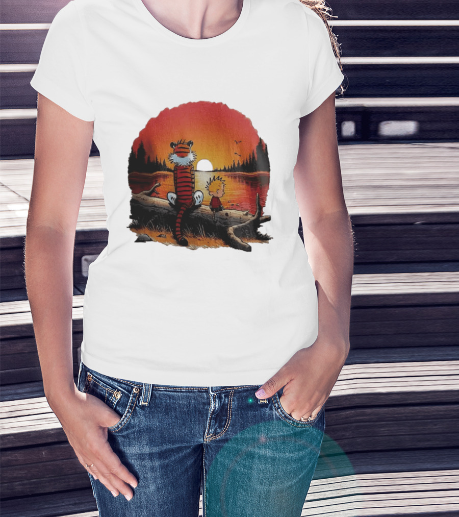 Calvin And Hobbes Log Sunset Lake Scene T-Shirt