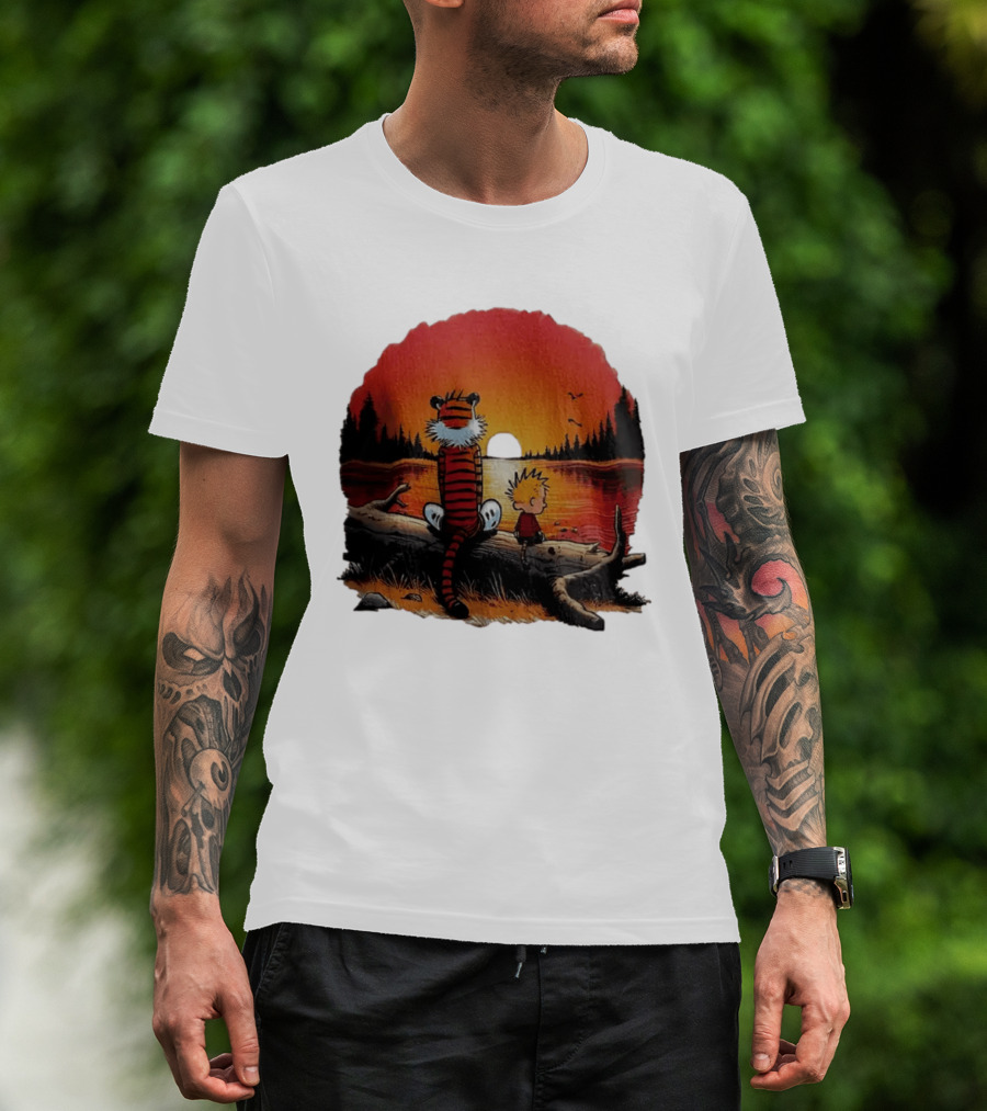 Calvin And Hobbes Log Sunset Lake Scene T-Shirt
