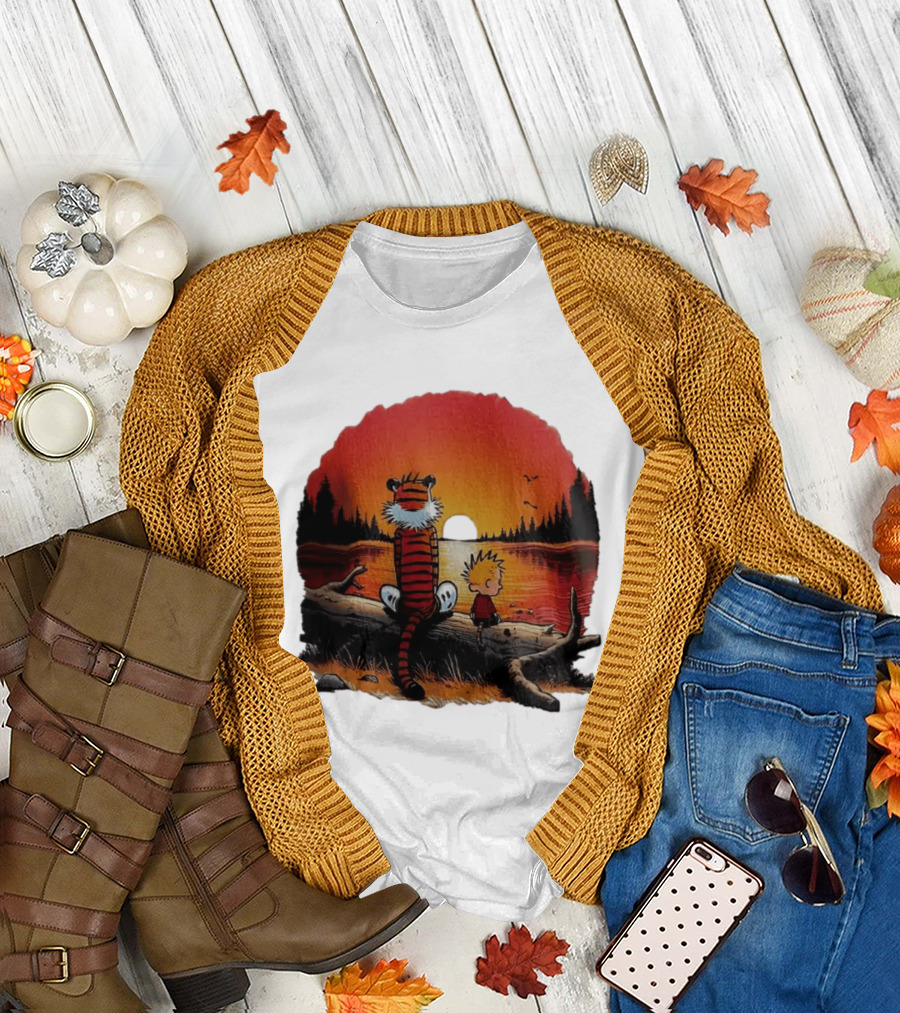 Calvin And Hobbes Log Sunset Lake Scene T-Shirt
