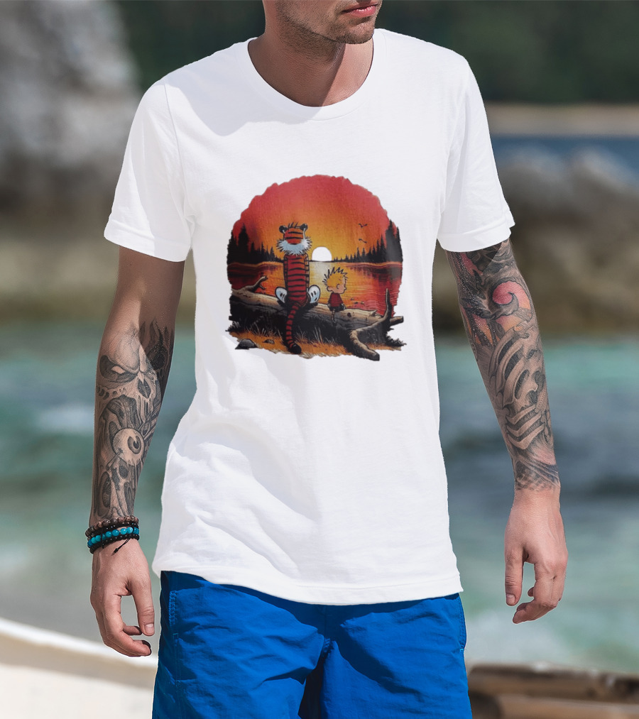 Calvin And Hobbes Log Sunset Lake Scene T-Shirt